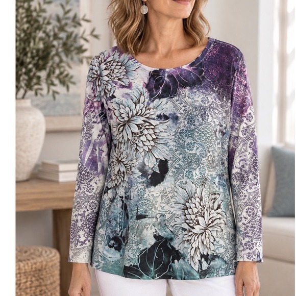 Coldwater Creek Tops - Coldwater Creek Womens L 14 Purple Floral Mandala Long Sleeve Top Made in USA
